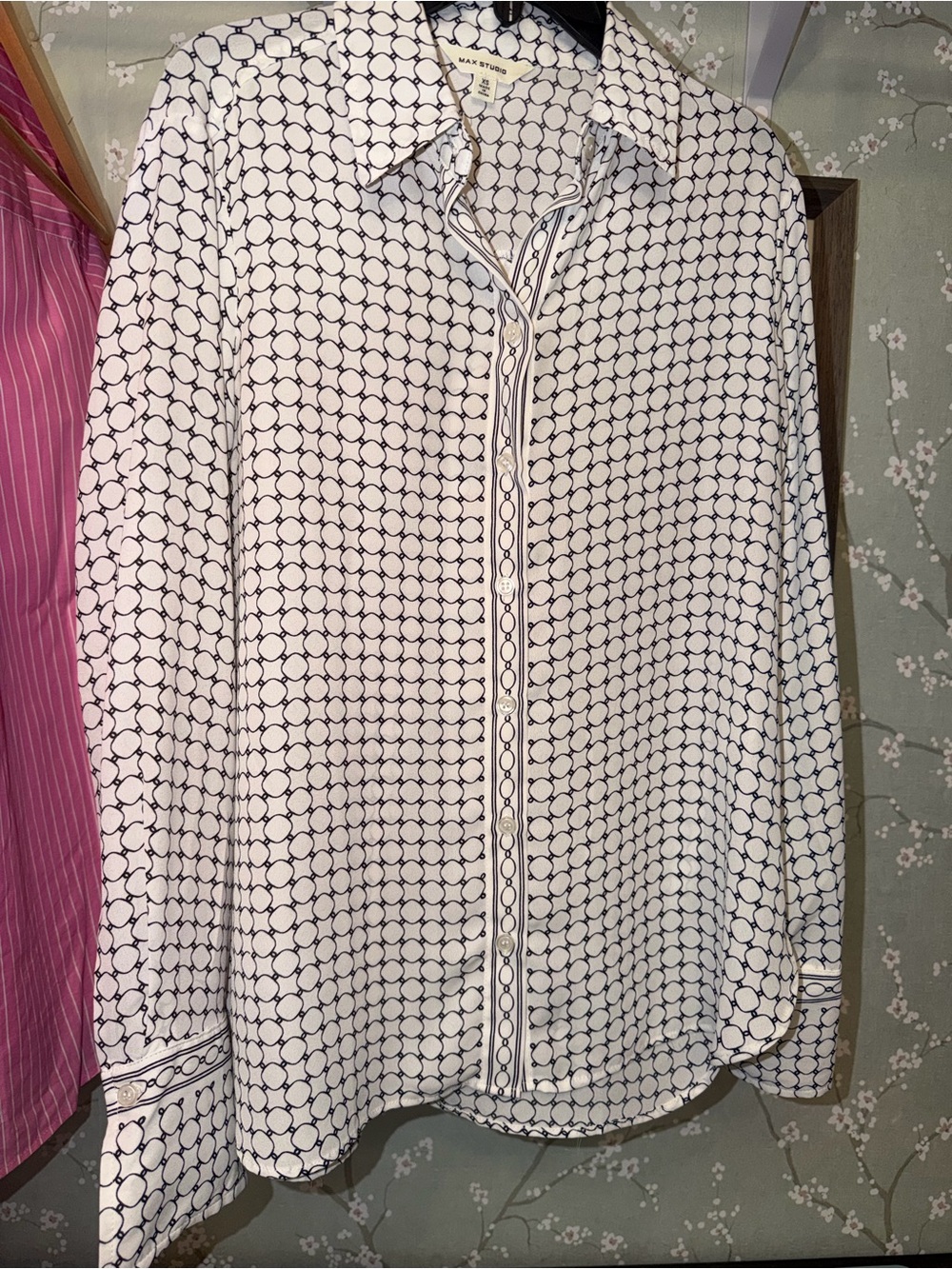 NWT Max Studio White Long-Sleeve Shirt with Black Circle Pattern